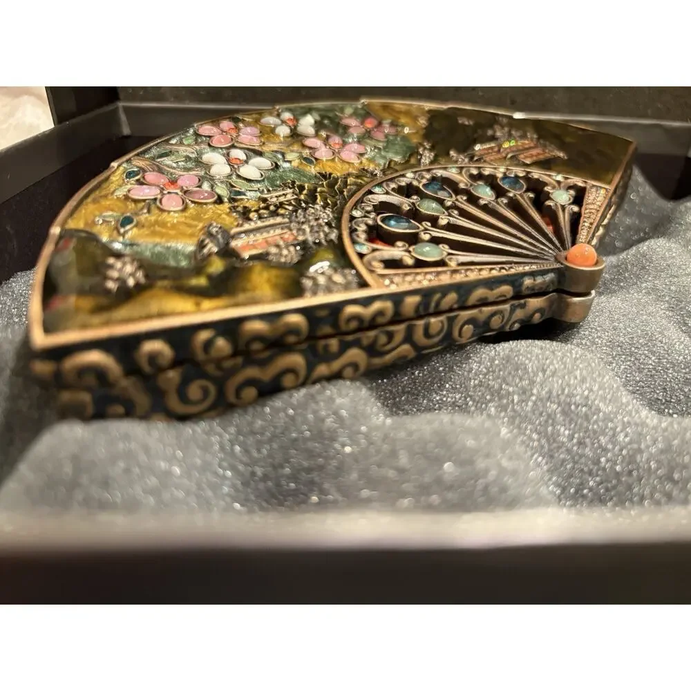Jay Strongwater Fan Philomena Trinket Box Enameled & Jeweled Chinese Oriental - Picture 8 of 13